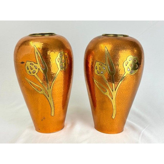 Mexican Pair of Hammered Copper and Brass Urns or Lamp Bases For Sale - Image 3 of 12