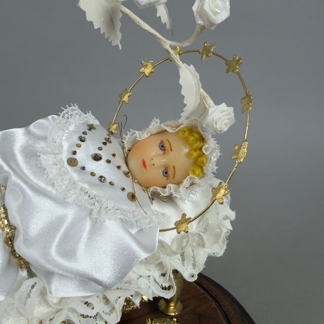 Plastic Vintage Mary Child in Bell Wax Golden Cradle with Wooden Base, 1950s For Sale - Image 7 of 12