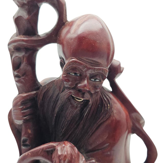 Wood Mid Century Chinese Hand Carved Wood Figure of Shou Xing Longevity Deity 12.75" For Sale - Image 7 of 11
