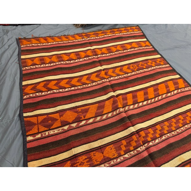 1960s Vintage Distressed Flat Weave Kilim Runner Rug, Earthy Red Orange Geometric Stripes Rug For Sale - Image 5 of 10