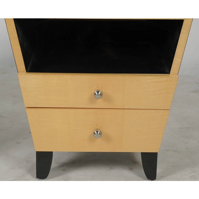Pair of Enrique Garcel Post Modern Designer Nightstands Each with glass tops and label verso.