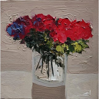Red Flowers Still Life Oil Painting by Vivek Mandalia For Sale