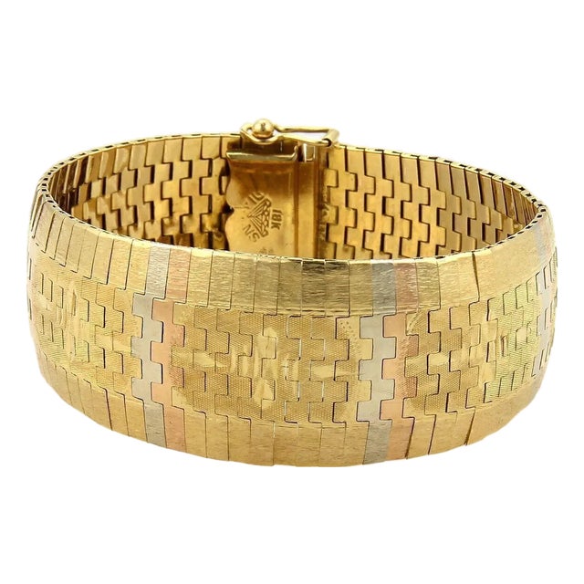 Diamond Cut Design 18k Tricolor Gold Graduated Flex Bracelet 56g For Sale
