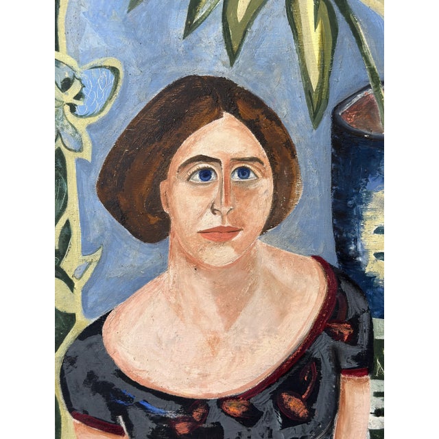 Wood Vintage Modernist Portrait With Figure Encircled With Plants, Dated 1954 For Sale - Image 7 of 14