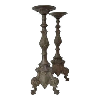 Vintage Bronze Altar Style Candle Holders- a Pair For Sale