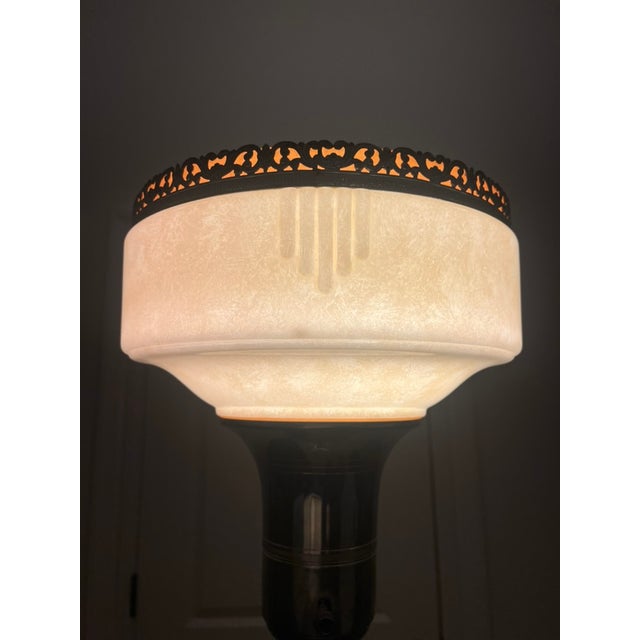 This is a JR Palmenberg & Sons Floor Lamp with an Art Deco glass shade and an Art Nouveau base, almost certainly made in...