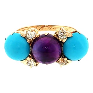Late 19th Century Victorian 10k Yellow Gold Amethyst, Turquois and Diamond Ring, Size 5.75 For Sale