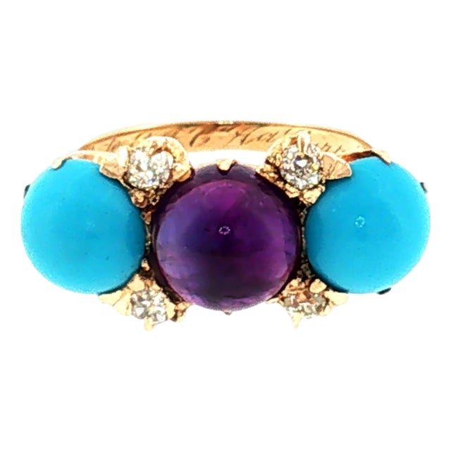 Late 19th Century Victorian 10k Yellow Gold Amethyst, Turquois and Diamond Ring, Size 5.75 For Sale