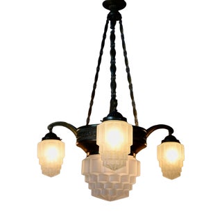 Art Deco Brass and Frosted Pressed Glass Chandelier, 1920s For Sale