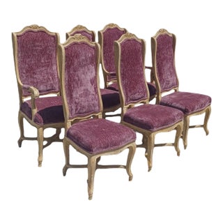 Vintage Set of 6 Upholstered Dining Chairs With Village Scene For Sale