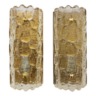 Glass and Brass Wall Lights by Carl Fagerlund for Orrefors, 1960, Set of 2 For Sale