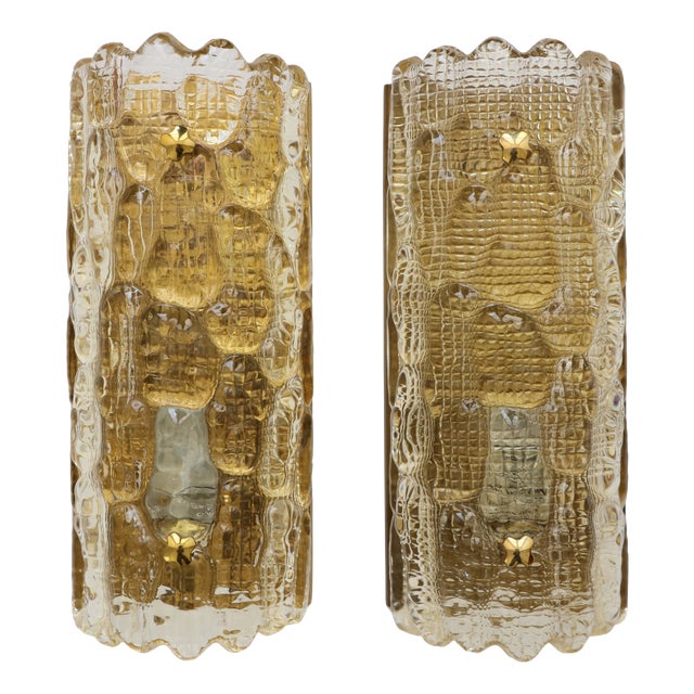 Glass and Brass Wall Lights by Carl Fagerlund for Orrefors, 1960, Set of 2 For Sale