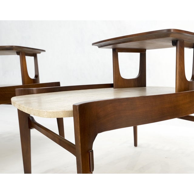Pair Sculptural 1970s Walnut Travertine Tops Step Side End Tables Singer Sons For Sale - Image 17 of 18