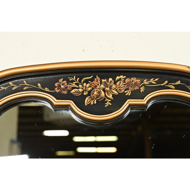 1980s Drexel Heritage Hollywood Regency Chinoiserie Hand-Painted Black Lacquered Tall Wall Mirror For Sale - Image 5 of 12