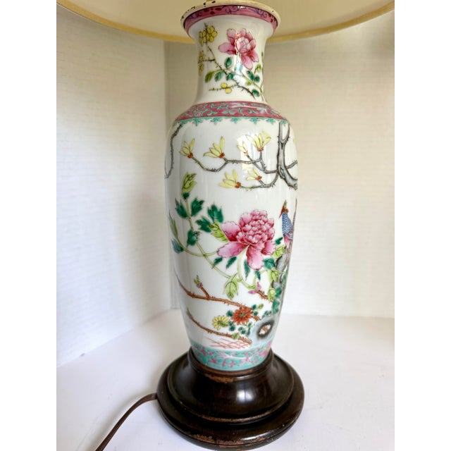 Wood Vintage Chinese Chinoiserie Porcelain Table Lamps With Birds, Chrysanthemums & Pleated Shades - a Pair For Sale - Image 7 of 12