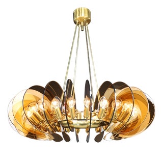 Brass and Smoked Glass Chandelier attributed to Gino Paroldo, Italy, 1970s For Sale