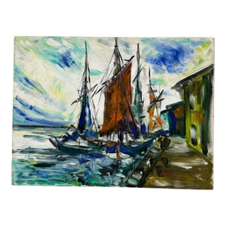 Harbor Boats Acrylic Painting on Canvas, Vintage For Sale