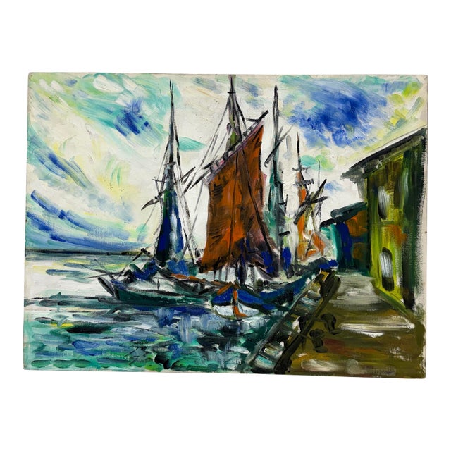 Harbor Boats Acrylic Painting on Canvas, Vintage For Sale