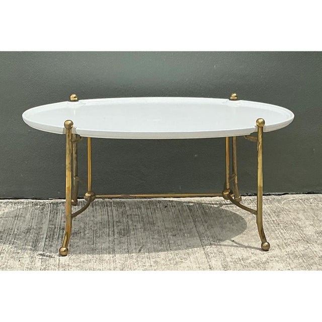Mid-Century Modern Vintage Brass and Wood Oval Coffee Table For Sale - Image 3 of 12