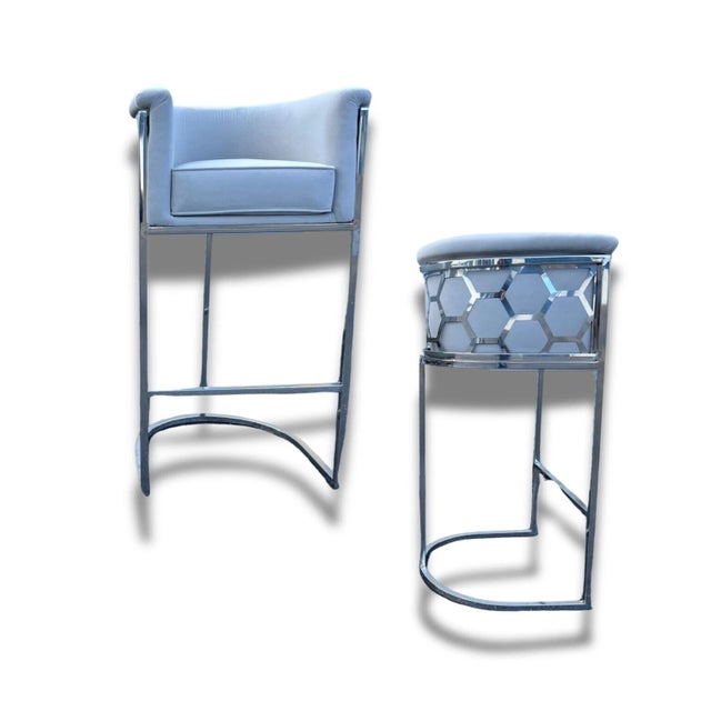 Pair of barrel back counter height, stools upholstered in performance velvet that can be scrubbed. The back are modern...