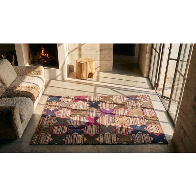 1880s Multicolor Geometric Folk Art Antique American Hooked Rug 4'6" X 6' Handknotted Wool Carpet For Sale In New York - Image 6 of 8