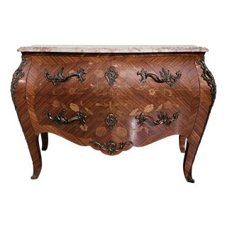 French Inlaid Chest of Drawers with Marble, 1940s For Sale