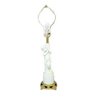 1950s Vintage White Bisque Porcelain Cherub on Column With Gilt Bronze Base Table Lamp For Sale