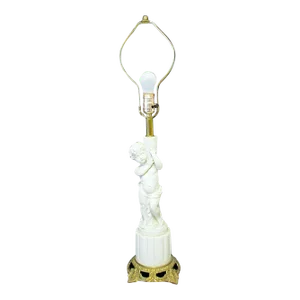 1950s Vintage White Bisque Porcelain Cherub on Column With Gilt Bronze Base Table Lamp