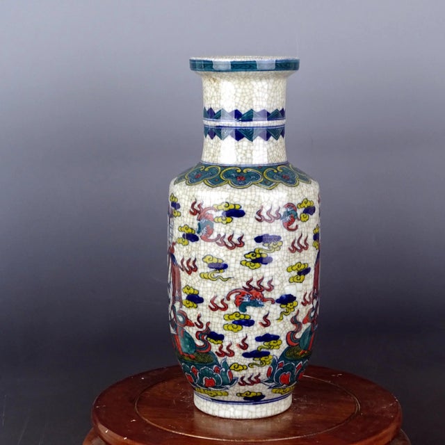 Blue Chinese Vintage Ceramic Vase,Qing Dynasty Kangxi Marked Blue and White Famille Verter Porcelain Mallet-Shaped Vase Hand Painted Buddha Pattern For Sale - Image 8 of 9