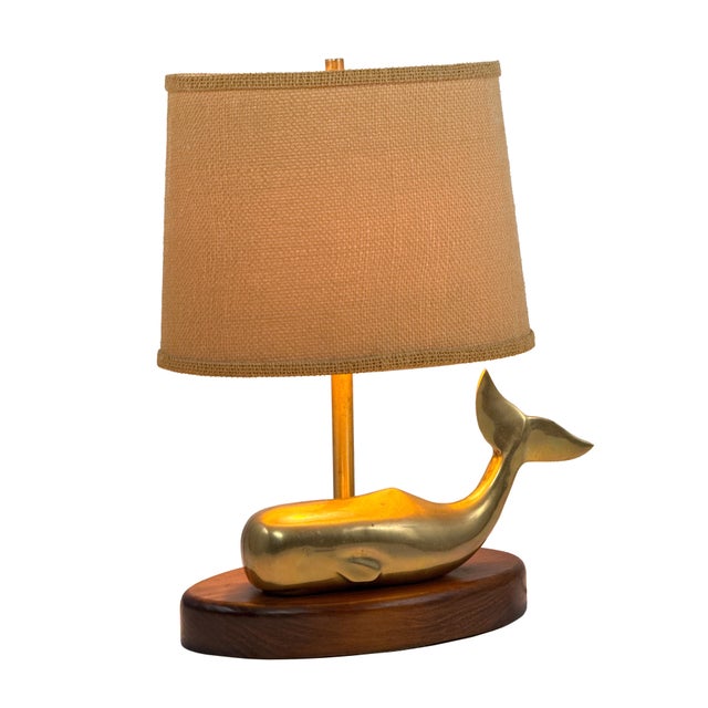 Vintage 1970s Brass Whale Table Lamp W/ Walnut Wood Base & Grasscloth Shade For Sale - Image 4 of 18