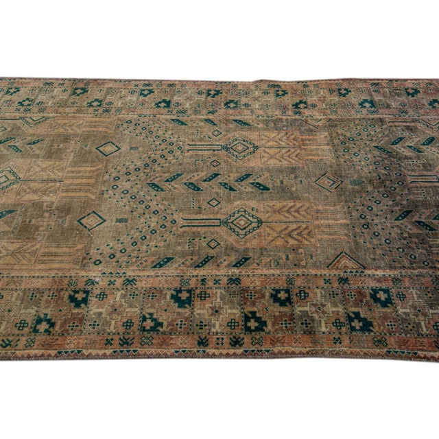 Vintage Distressed Brown Handmade Geometric Wool Runner For Sale In New York - Image 6 of 8