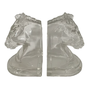 Vintage Crystal Glass Horse Head Bookends - Set of 2