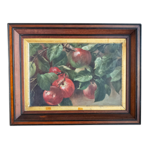 19th Century American Oil Painting Study of Apples on a Branch in Walnut Frame