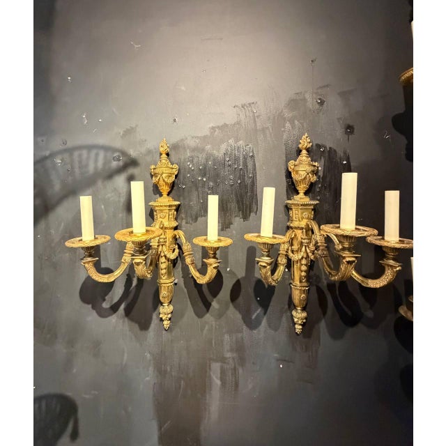 1920 Caldwell Gild Bronze Sconces 3 Lights Louis XVI Style - a Pair For Sale - Image 10 of 12