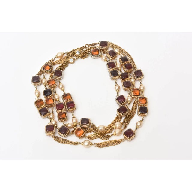 Modern Vintage Rare Chanel Gripoix Purple, Pink, Amber Glass, Faux Pearl & Chain Strand Long Necklace For Sale - Image 3 of 10