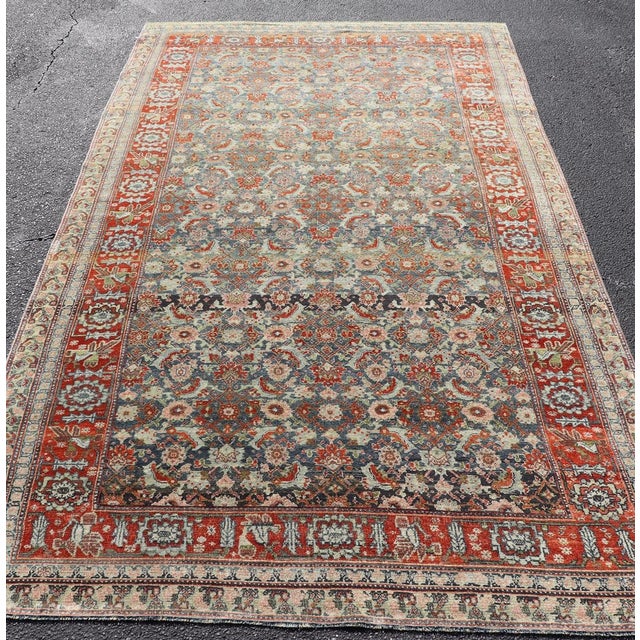 Measures: 6'0 x 11'2 Antique Persian Bidjar Gallery Rug with Blue-Grey Field and Red Herati Design. Keivan Woven Arts/...