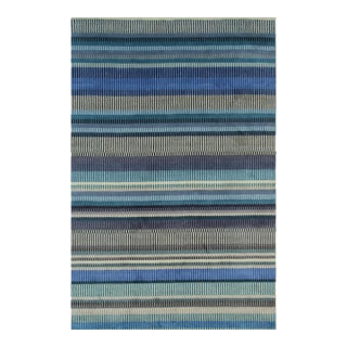 9x12 Ophelia Ocean Blue Classic Stripe Handmade Wool Carpet Rug For Sale