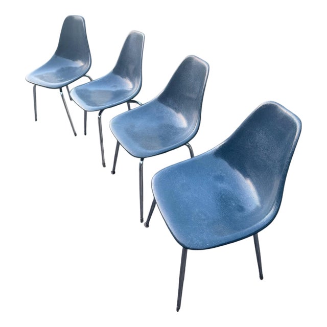 Vintage Mid-Century Modern Blue Fiberglass Shell Chairs, Chrome Legs, Set of Four For Sale