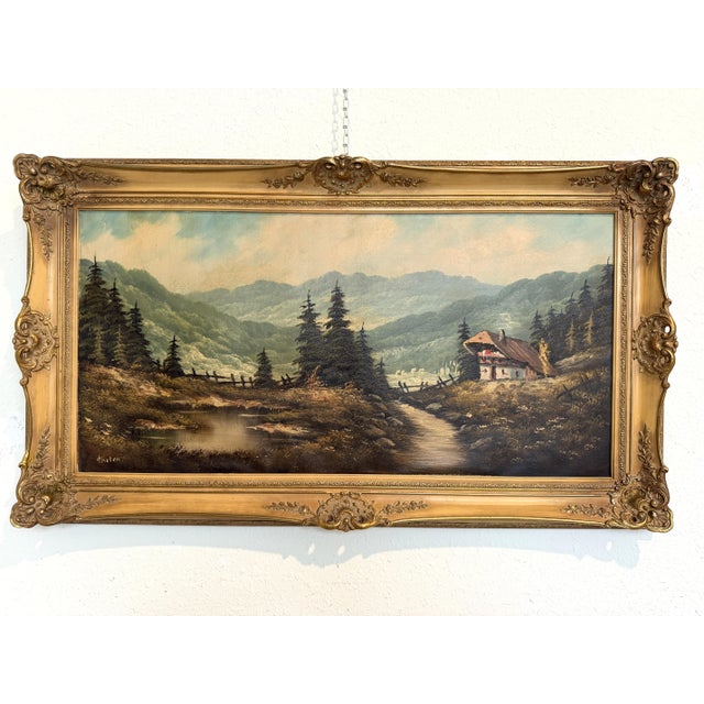 This beautiful original oil on canvas captures the peaceful beauty of an alpine countryside, featuring a traditional...