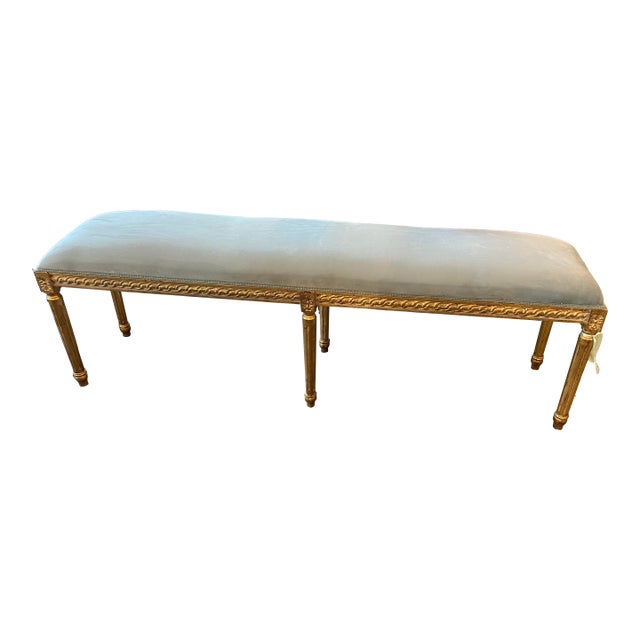 1970s Long Gilded Gold Wooden Bench With a Light Blue Velvet Cushion For Sale