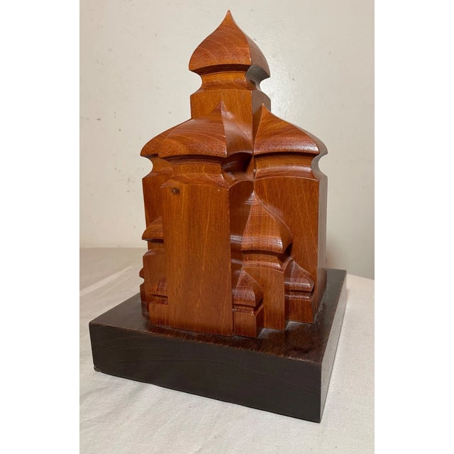 Share Vintage Handmade 1980s Michael Mode Face Turning Wood Sculpture Statue Cathedral For Sale - Image 4 of 12