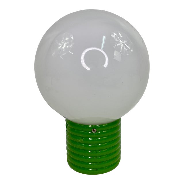 Mid Century Green Round Ribbed Base White Round Globe Lamp For Sale