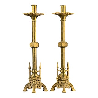 Antique Gothic Revival Church Candlesticks in Bronze, 1860s, Set of 2 For Sale