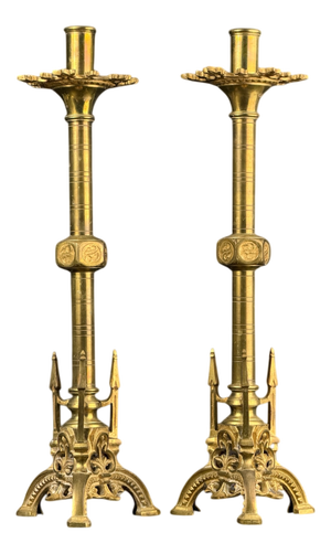 Antique Gothic Revival Church Candlesticks in Bronze, 1860s, Set of 2