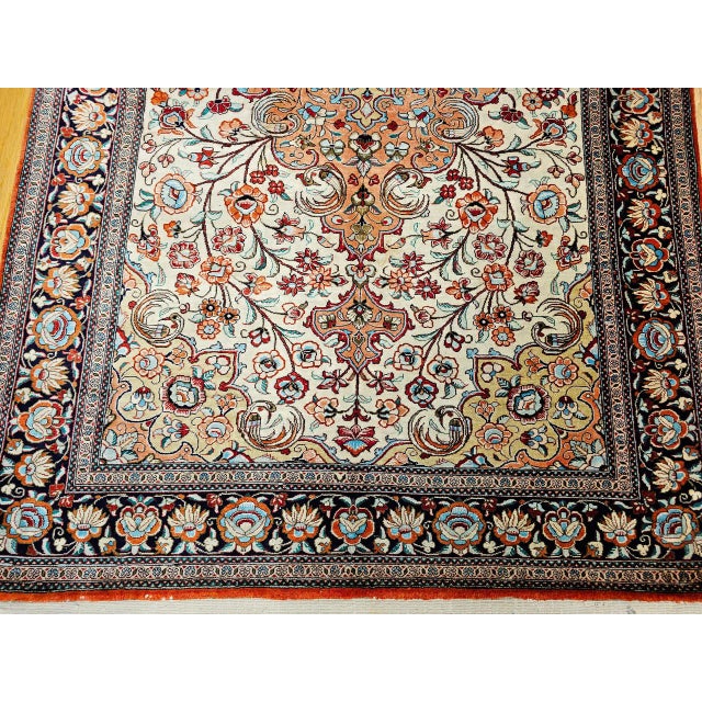1900 - 1909 Vintage Persian Qum Area Rug, Hand-Knotted Silk, Floral Pattern, Ivory & Navy, 3x5 For Sale - Image 5 of 18