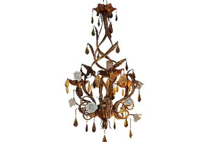 1930's French Art Deco Maison Bagues Porcelain Rose/ Gilt Flower / Crystal Beaded Chandelier