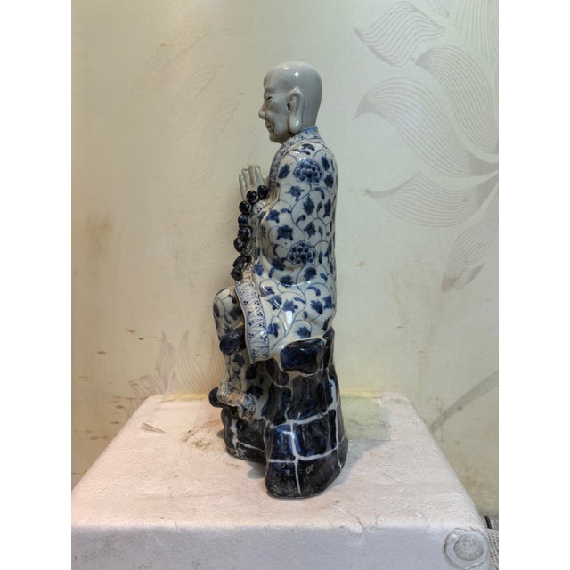 Ceramic Chinese Vintage Ceramic Buddhist Sculpture,Hand Carved Blue and White Porcelain the Eighteen Arhats Statue For Sale - Image 7 of 8