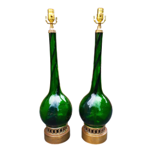 Pair of Restored Mid-Century Murano Attributed Glass Lamps – Emerald Green With Brass Bases