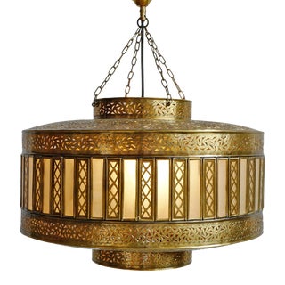 Brass & Frosted Glass Striped Pendant Lantern Medium For Sale