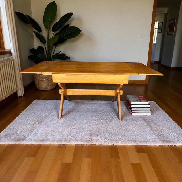 Mid 20th Century Cushman of Vermont Trestle Base/ Hard Rock Maple/Draw Leaf Table. For Sale In Houston - Image 6 of 11